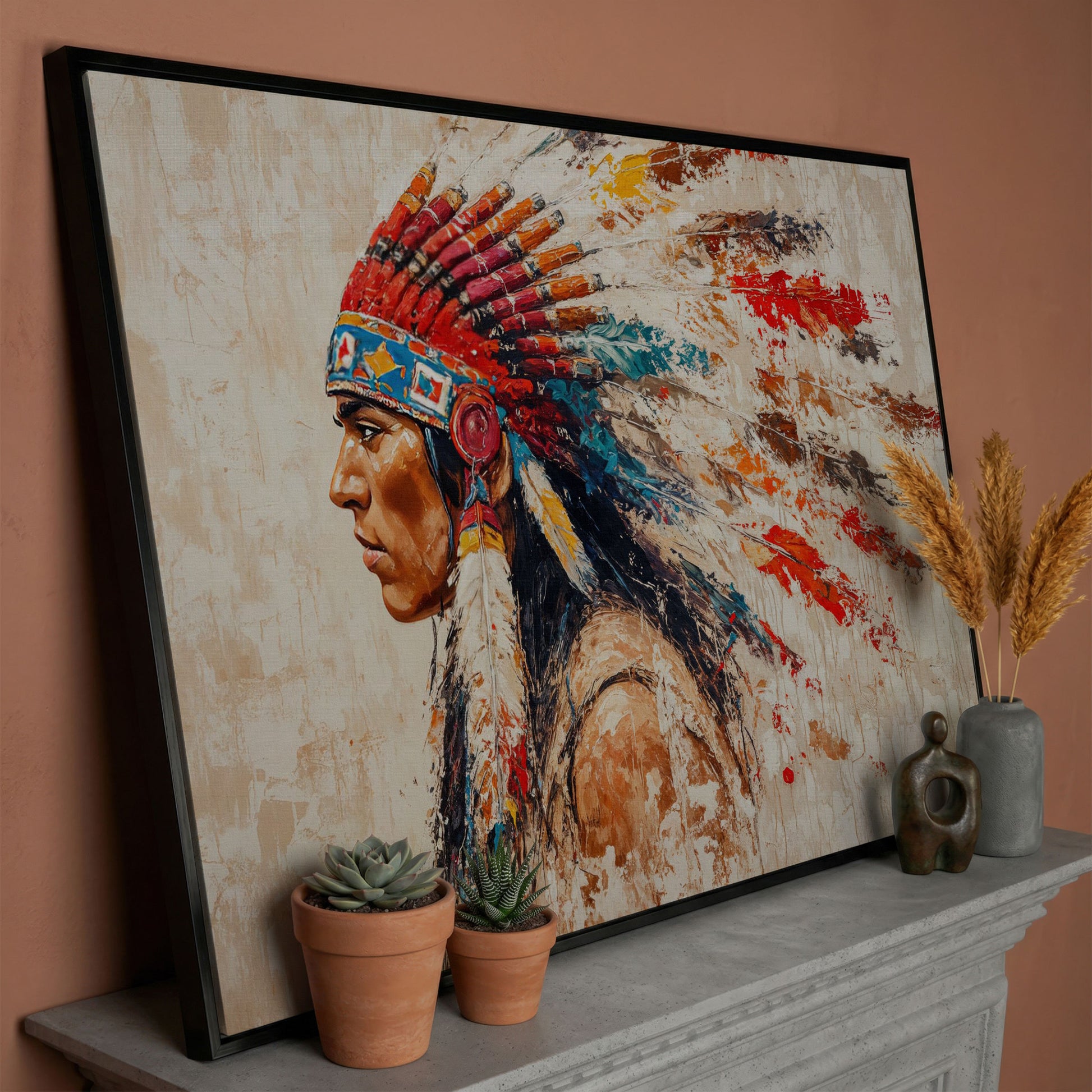 Native American Tribal Leader Canvas Print in black floating frame