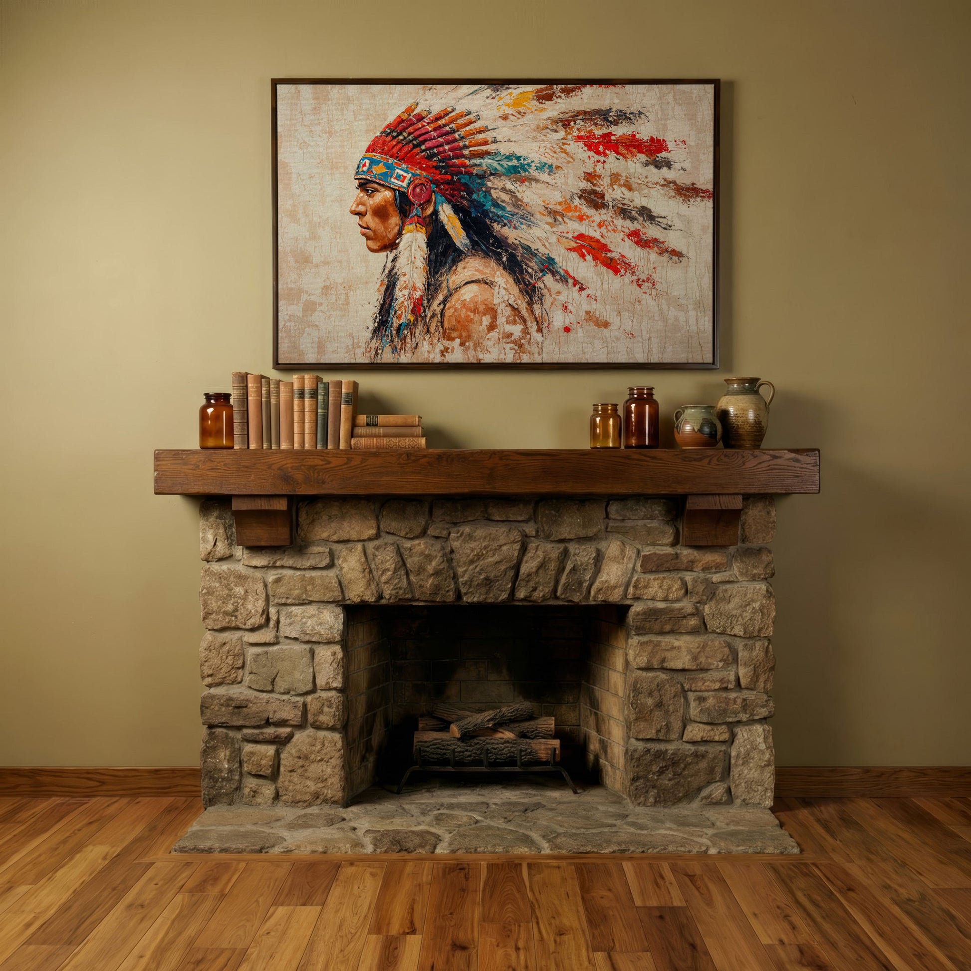 Native American Tribal Leader Canvas Print in dark walnut floating frame