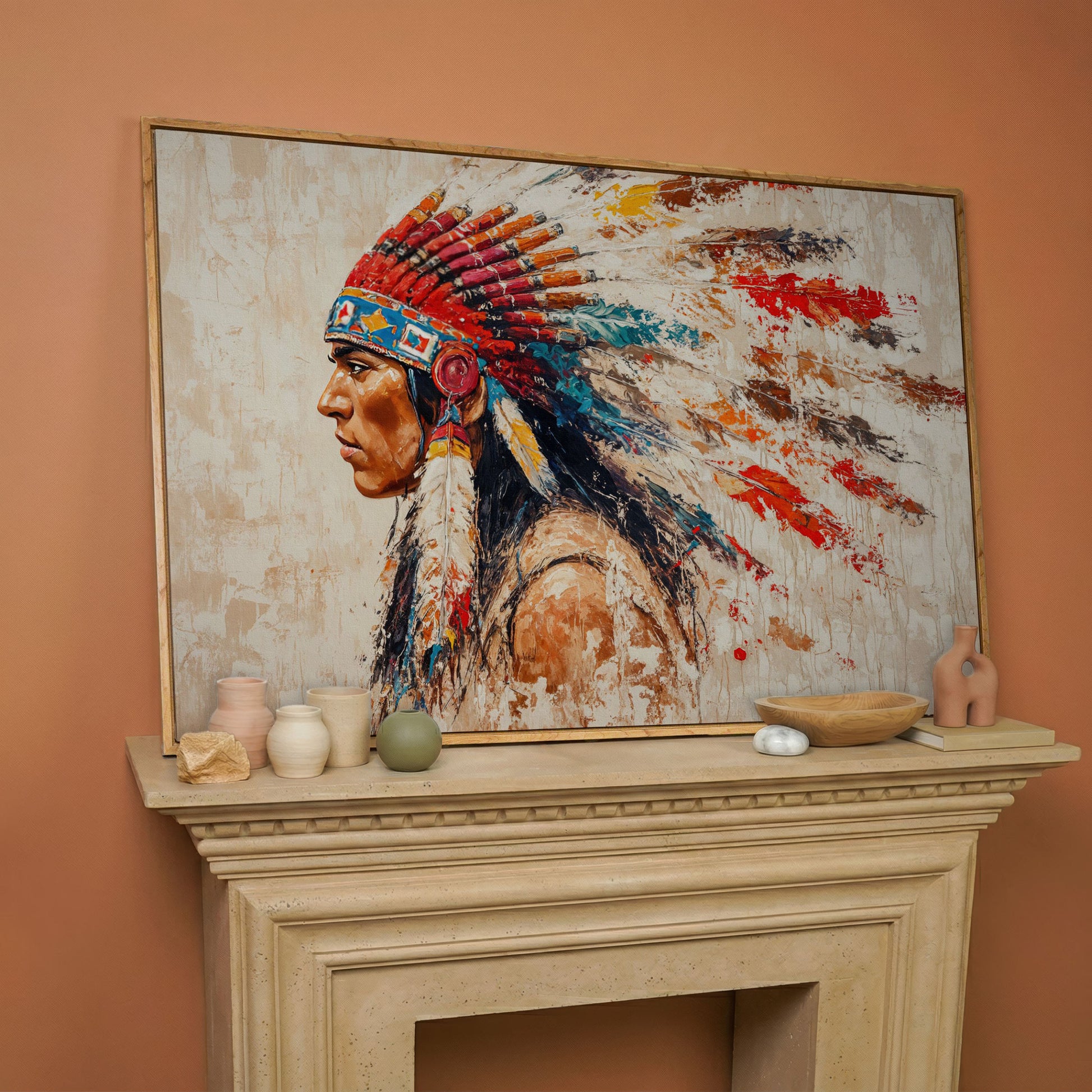 Native American Tribal Leader Canvas Print in white oak floating frame