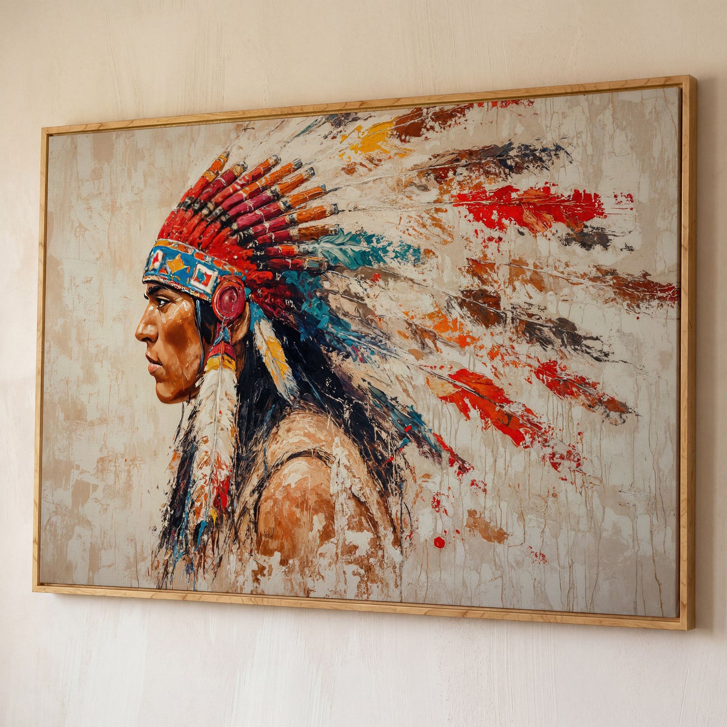 Native American Tribal Leader Canvas Print shown in white oak floating frame