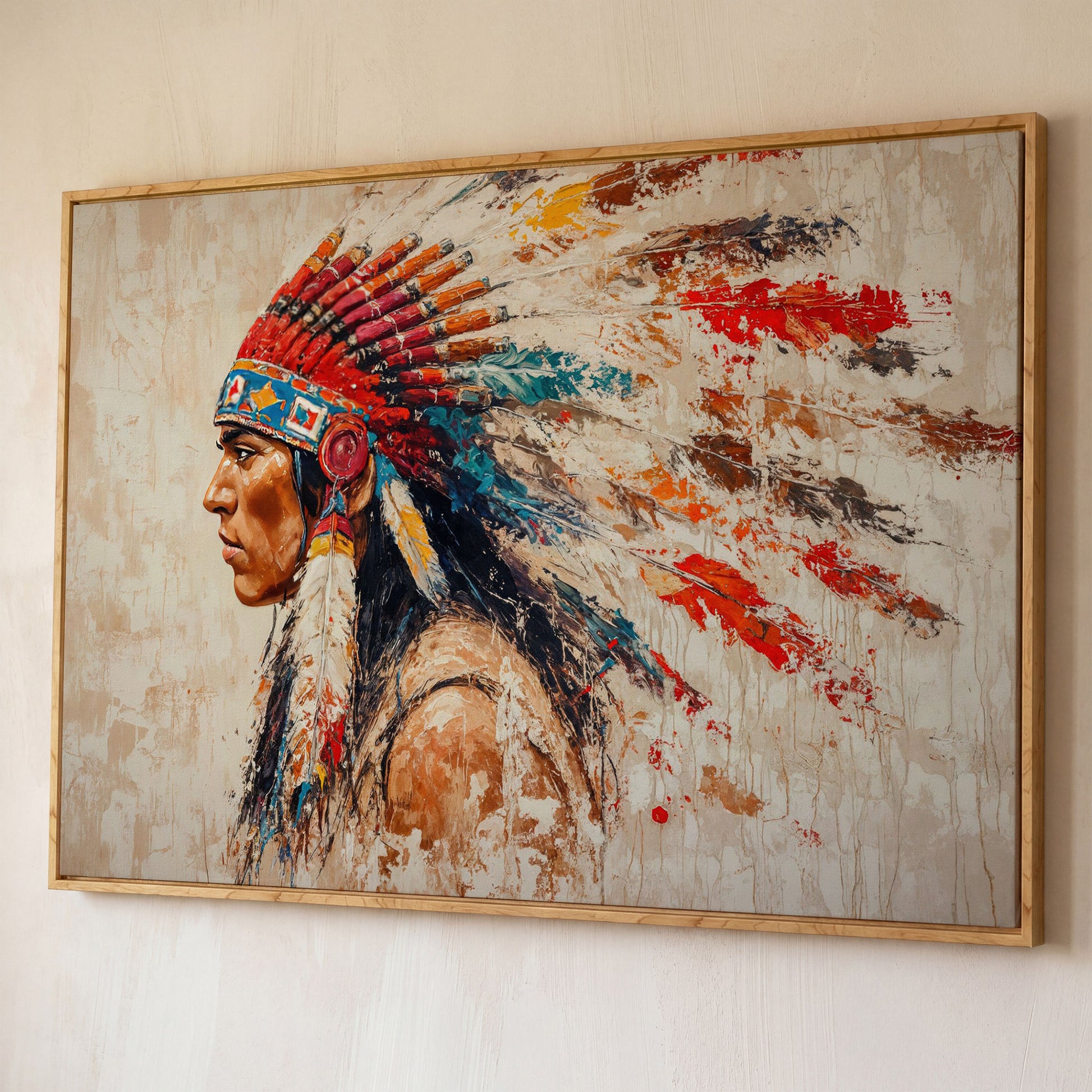 Native American Tribal Leader Canvas Print shown in white oak floating frame