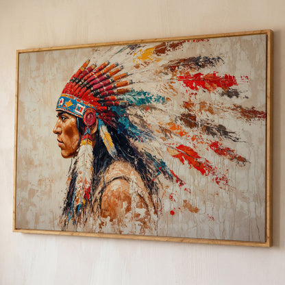 Native American Tribal Leader Canvas Print shown in white oak floating frame