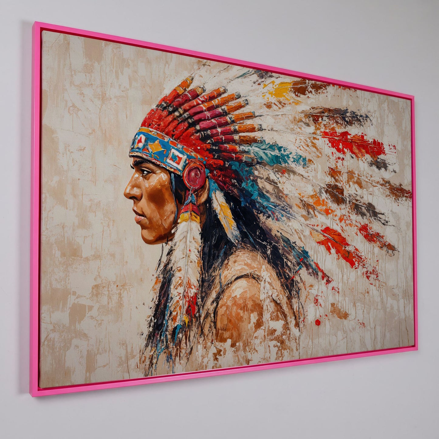 Native American Tribal Leader Canvas Print in pink floating frame