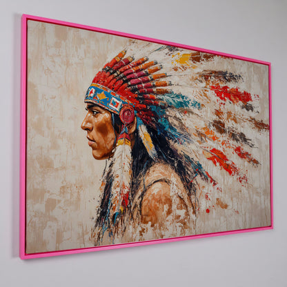 Native American Tribal Leader Canvas Print in pink floating frame