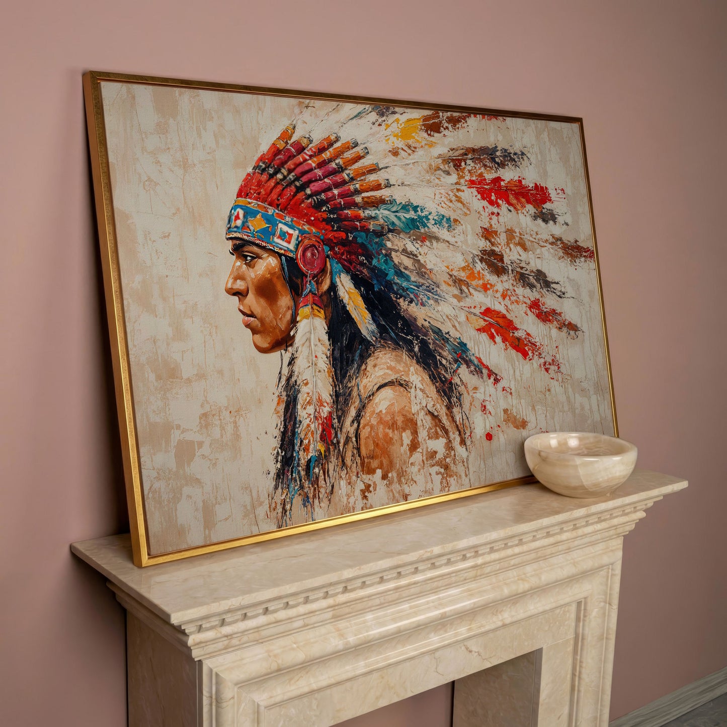 Native American Tribal Leader Canvas Print in rose gold floating frame