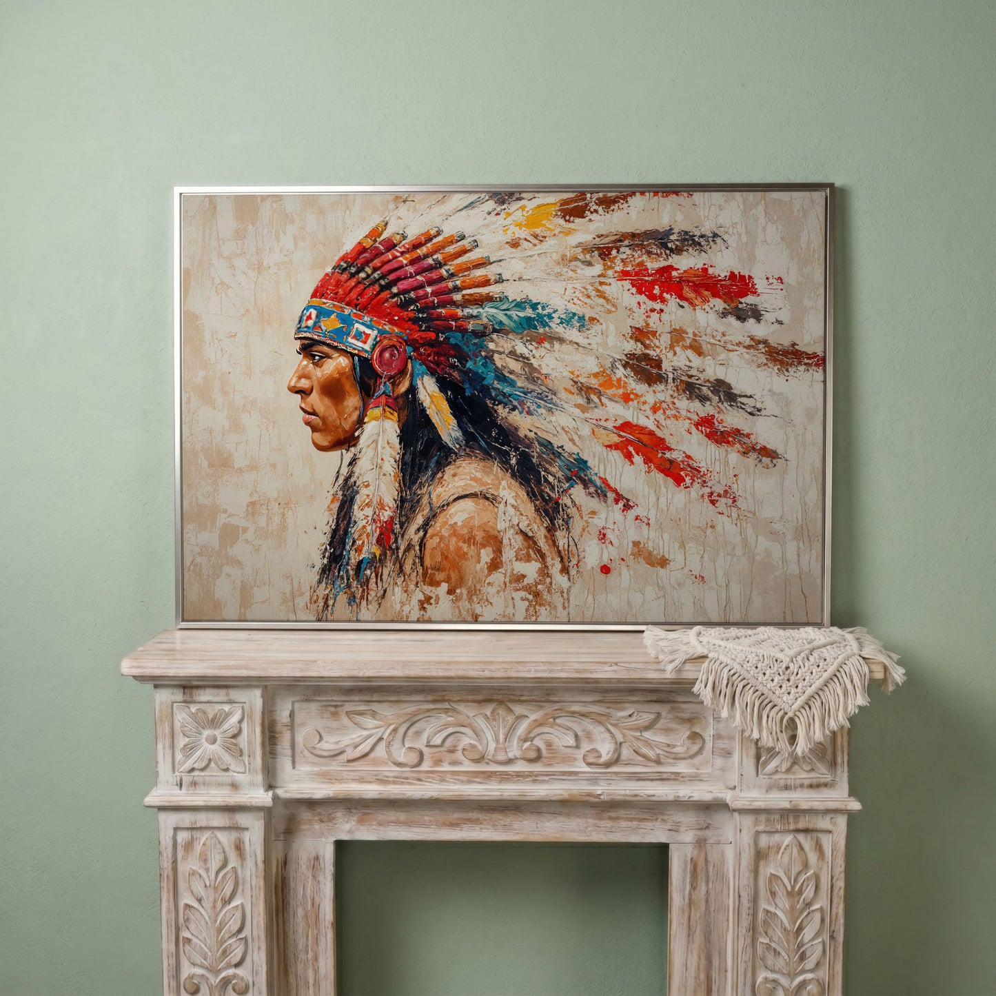 Native American Tribal Leader Canvas Print in silver floating frame