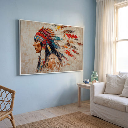 Native American Tribal Leader Canvas Print in white floating frame