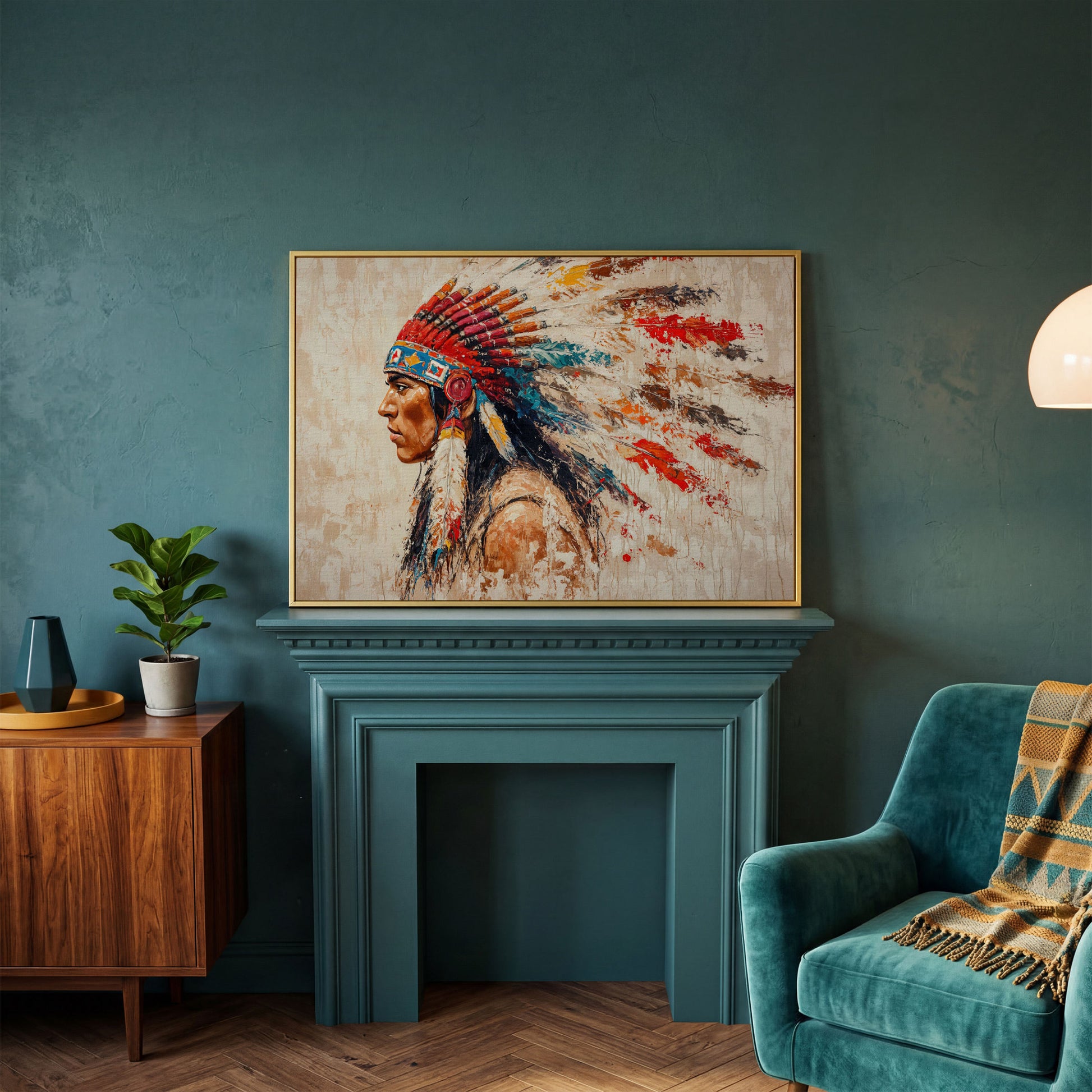 Native American Tribal Leader Canvas Print in yellow gold floating frame