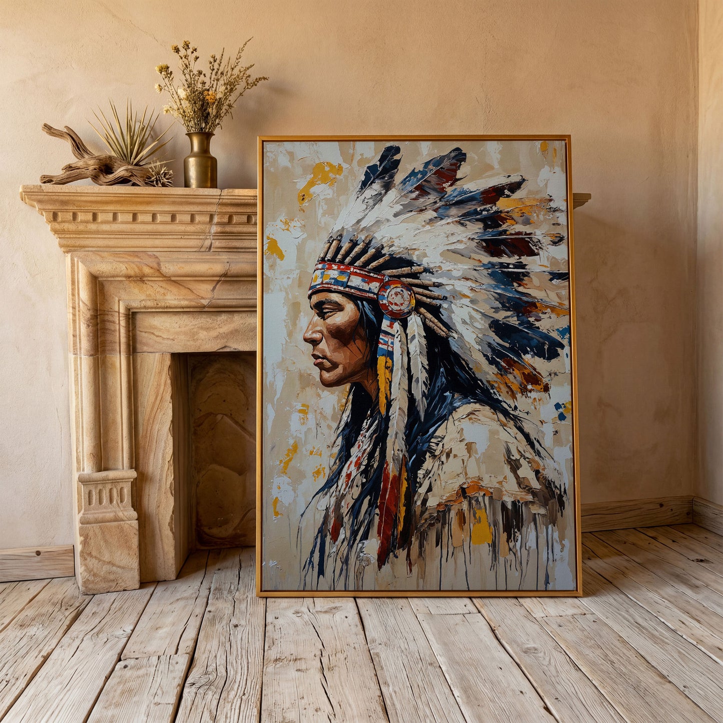 Native American Chief Portrait Canvas in antique gold floating frame