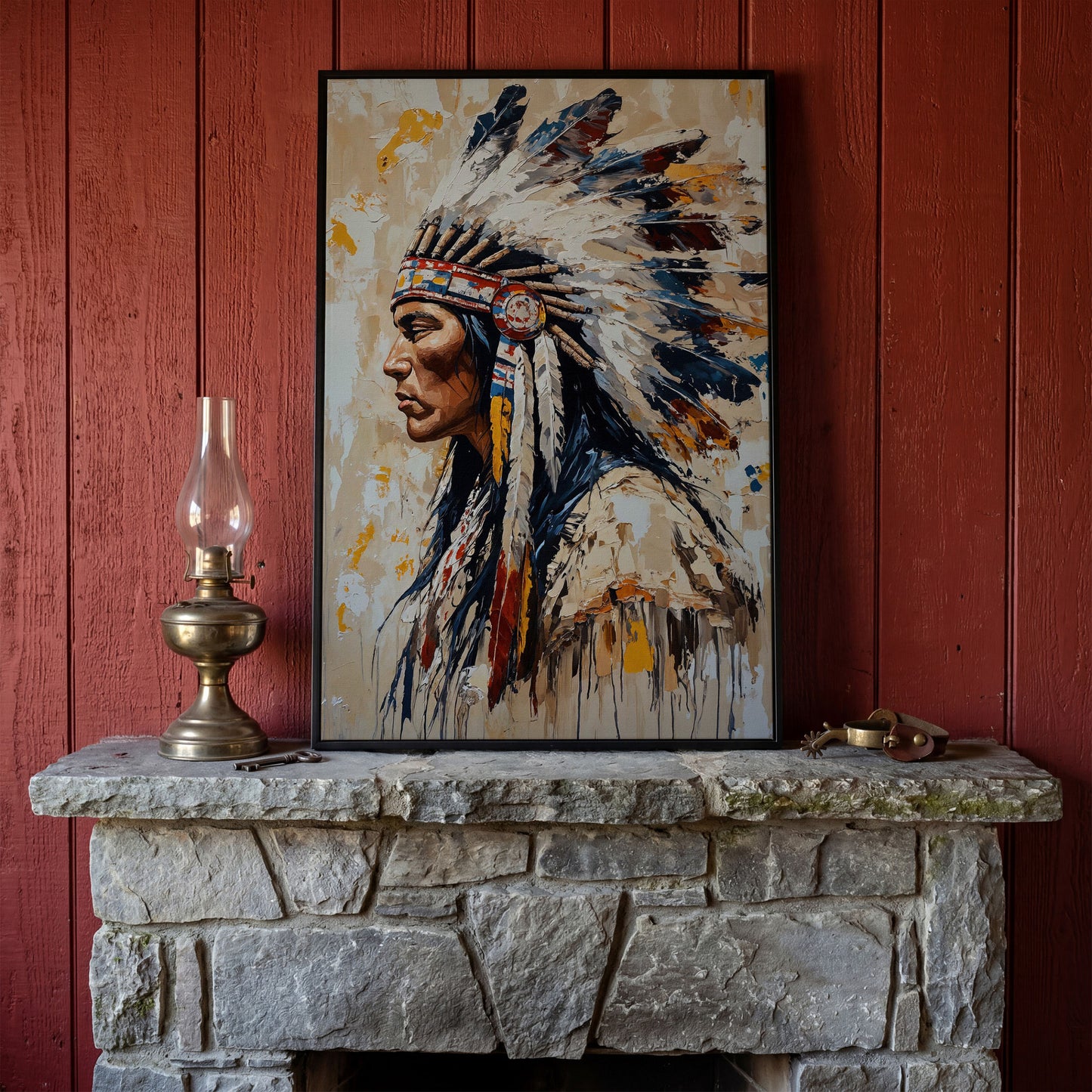 Native American Chief Portrait Canvas in black floating frame
