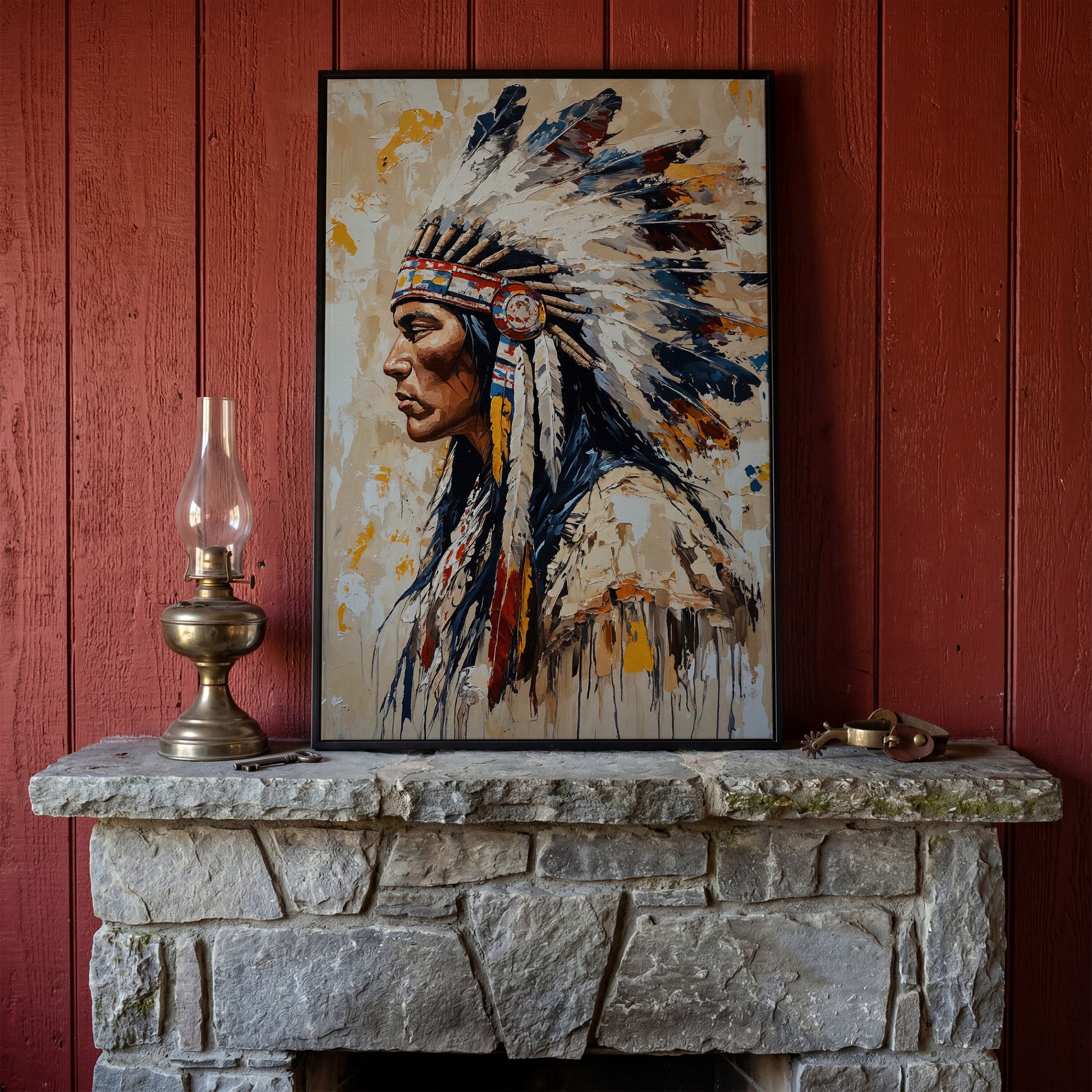 Native American Chief Portrait Canvas in black floating frame