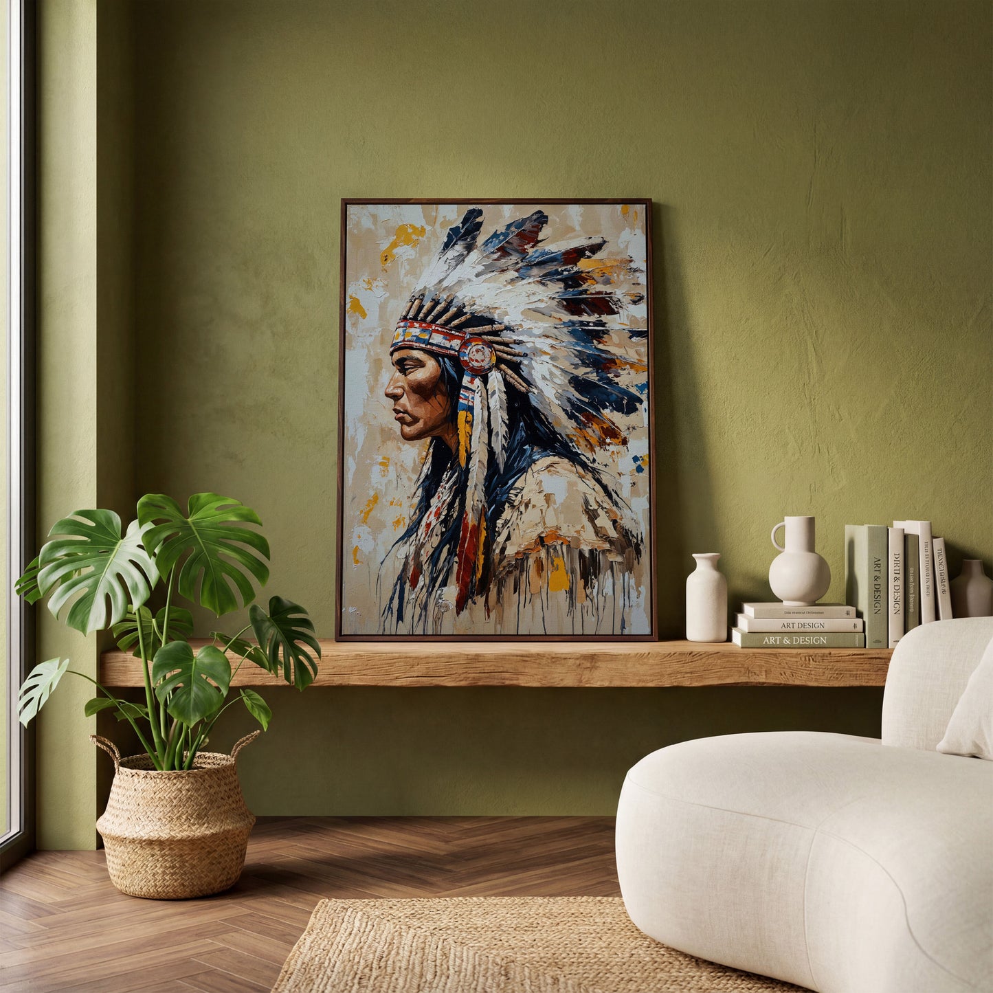 Native American Chief Portrait Canvas in dark walnut floating frame
