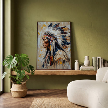 Native American Chief Portrait Canvas in dark walnut floating frame