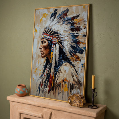 Native American Chief Portrait Canvas in white oak floating frame