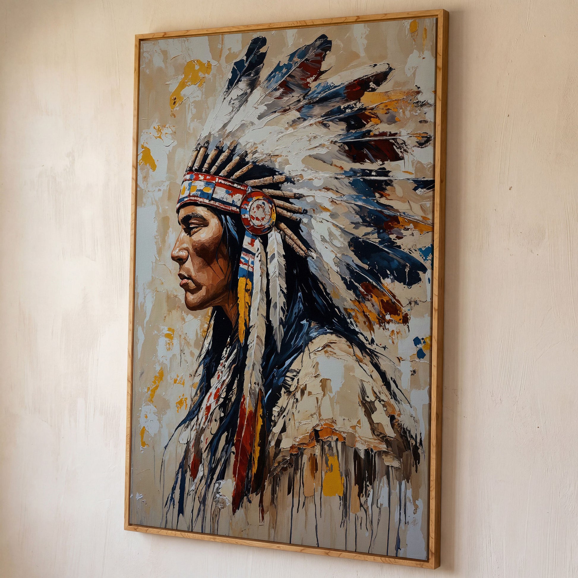 Native American Chief Portrait Canvas shown in white oak floating frame