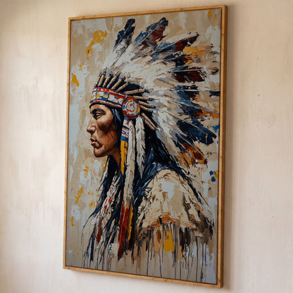 Native American Chief Portrait Canvas shown in white oak floating frame