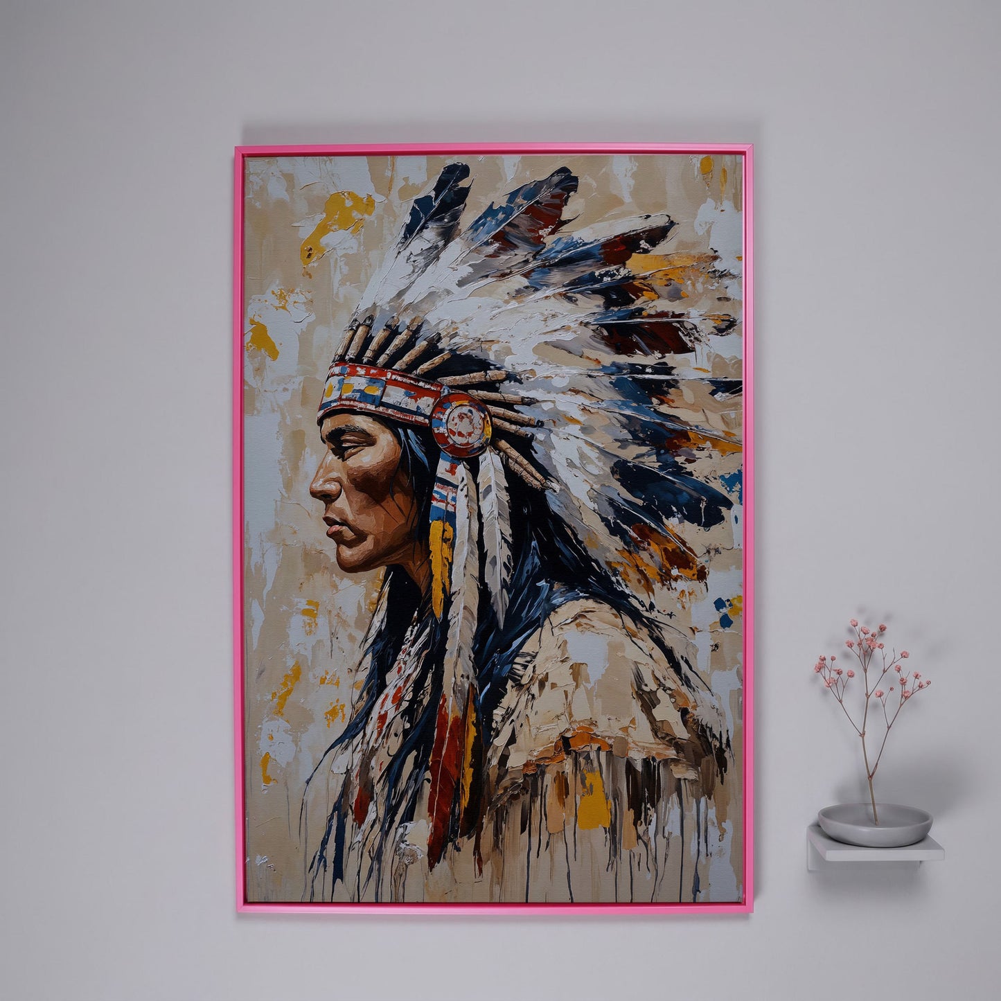 Native American Chief Portrait Canvas in pink floating frame