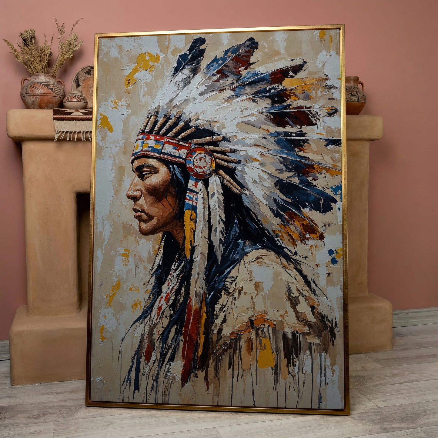 Native American Chief Portrait Canvas in rose gold floating frame