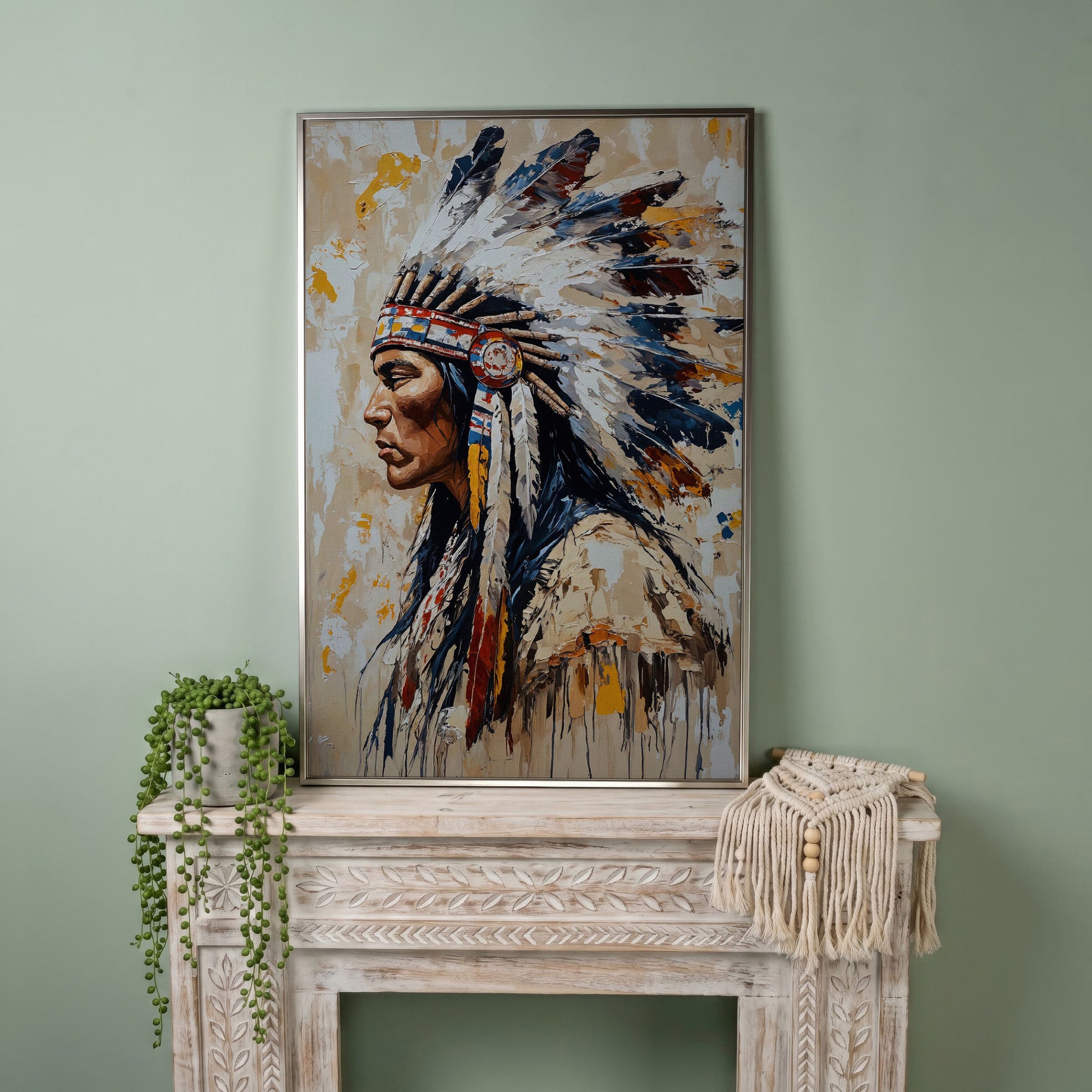 Native American Chief Portrait Canvas in silver floating frame