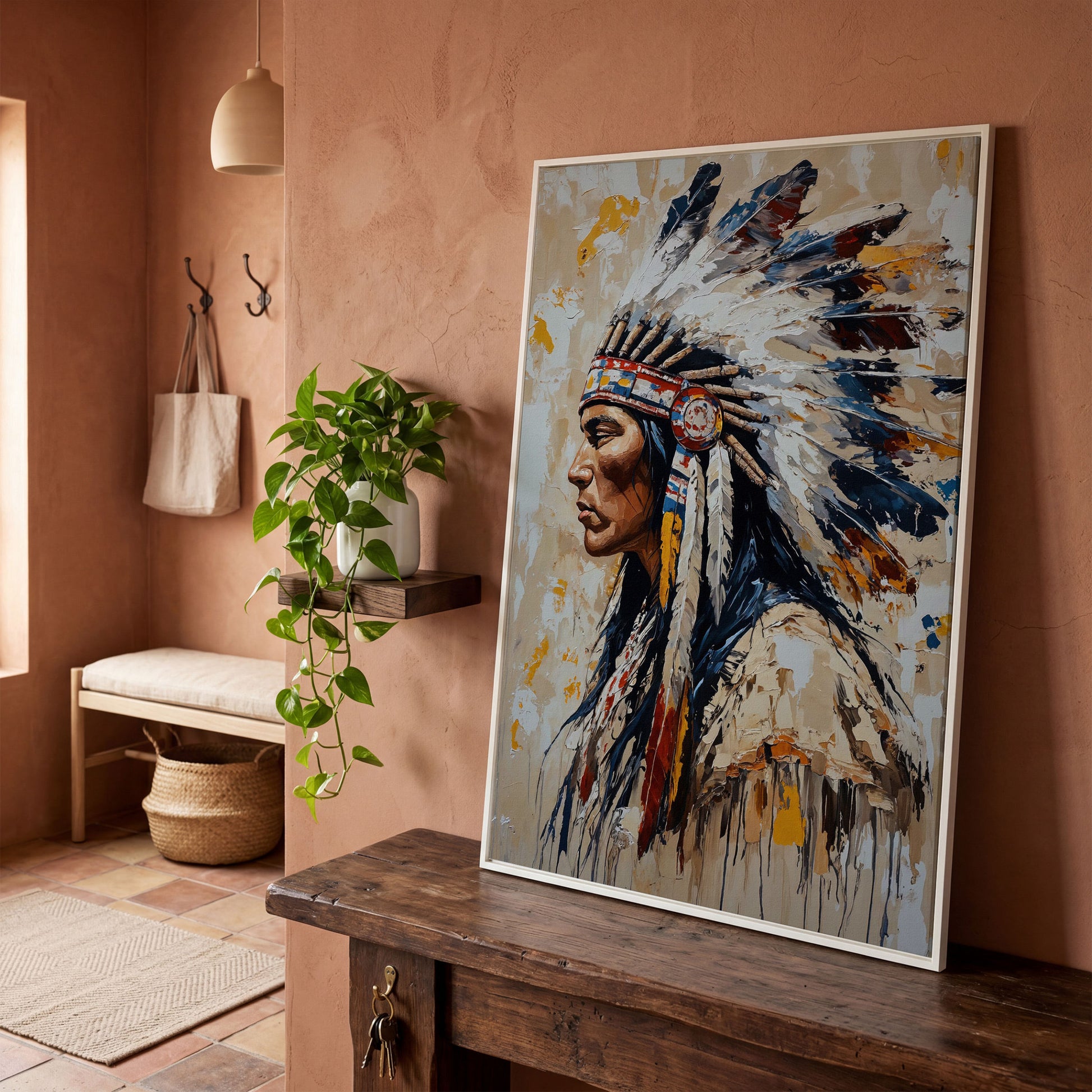 Native American Chief Portrait Canvas in white floating frame
