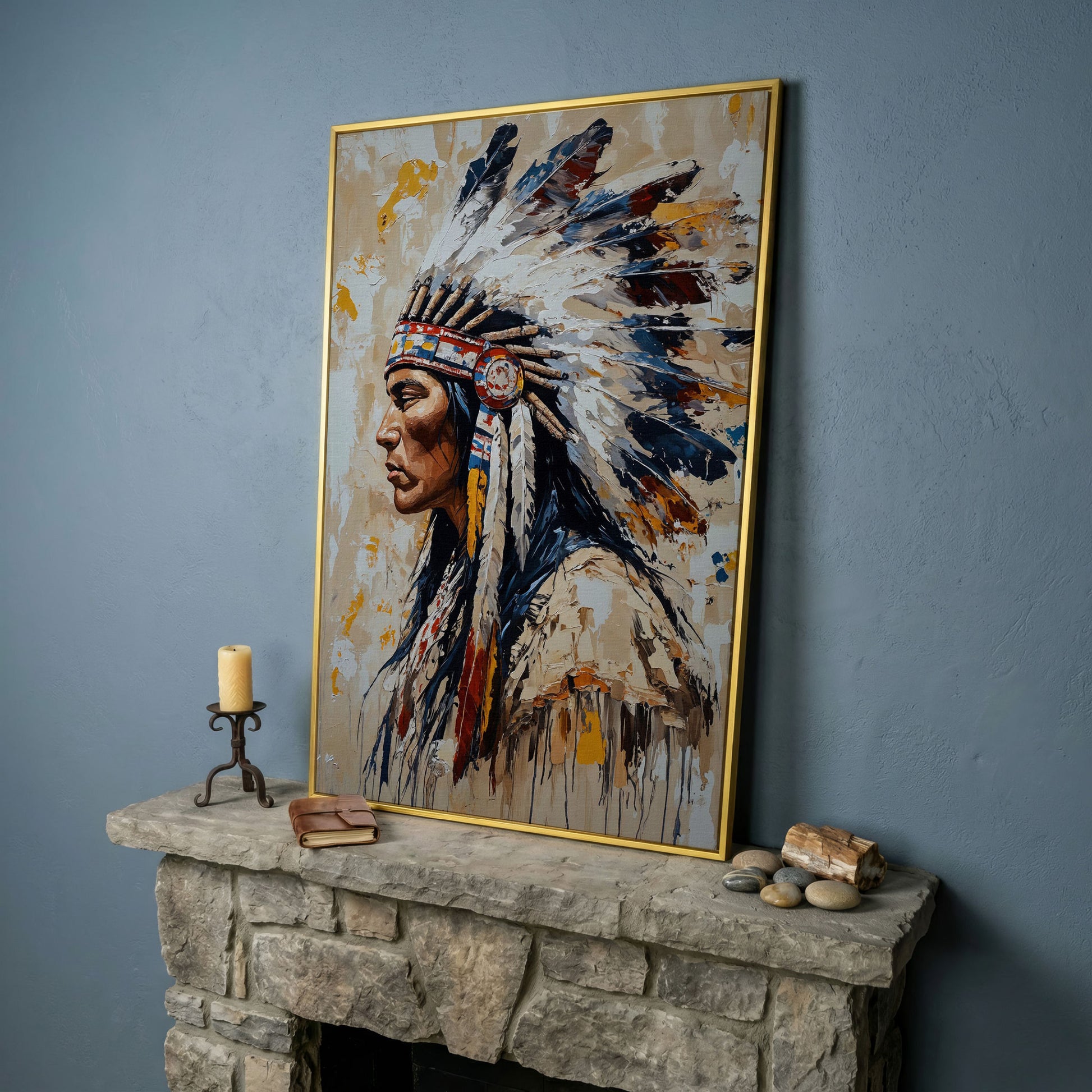 Native American Chief Portrait Canvas in yellow gold floating frame