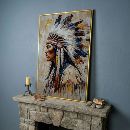 Native American Chief Portrait Canvas in yellow gold floating frame
