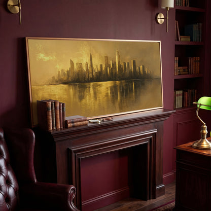 Gold Cityscape Skyline Canvas in antique gold floating frame