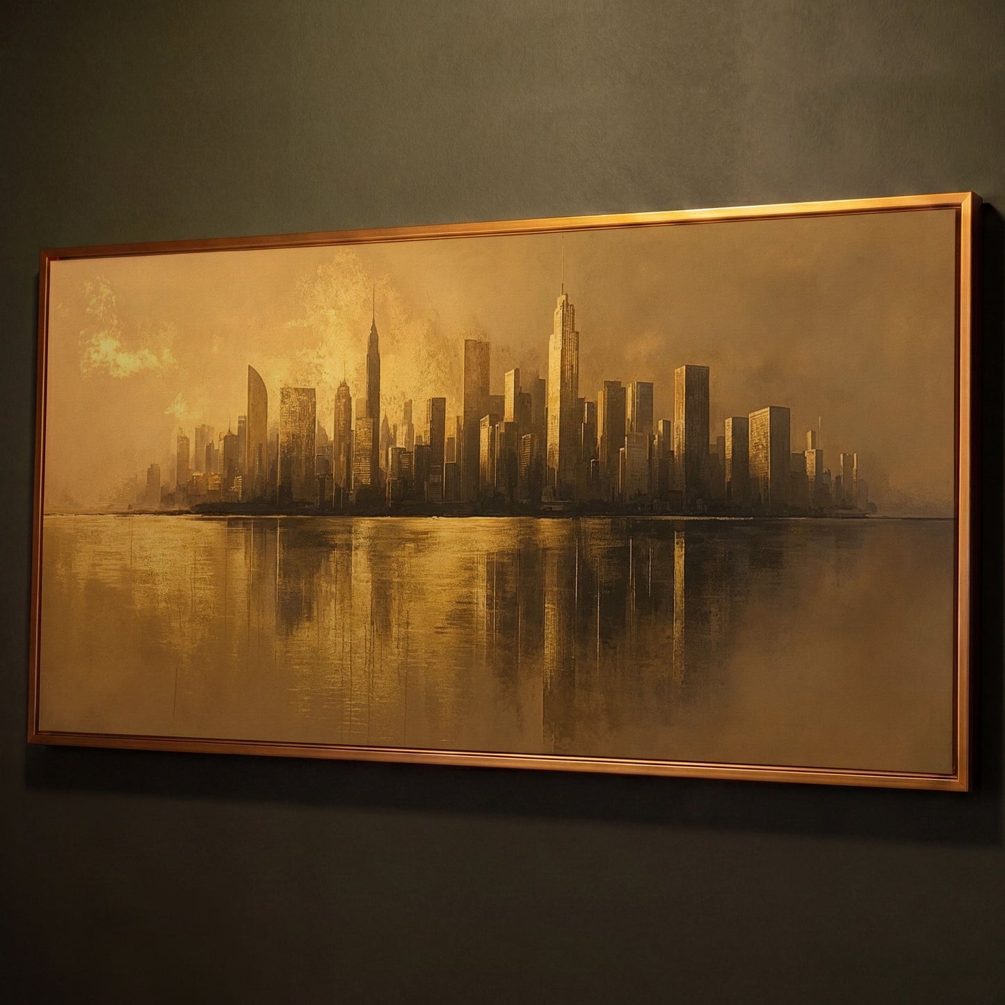Gold Cityscape Skyline Canvas shown in antique gold floating frame