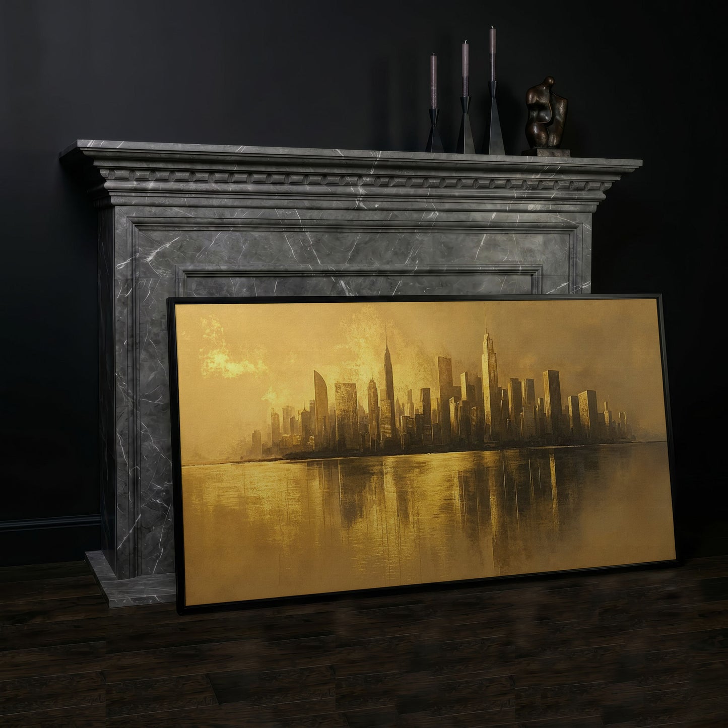 Gold Cityscape Skyline Canvas in black floating frame