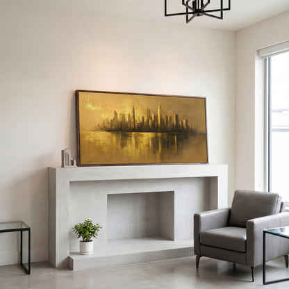Gold Cityscape Skyline Canvas in dark walnut floating frame