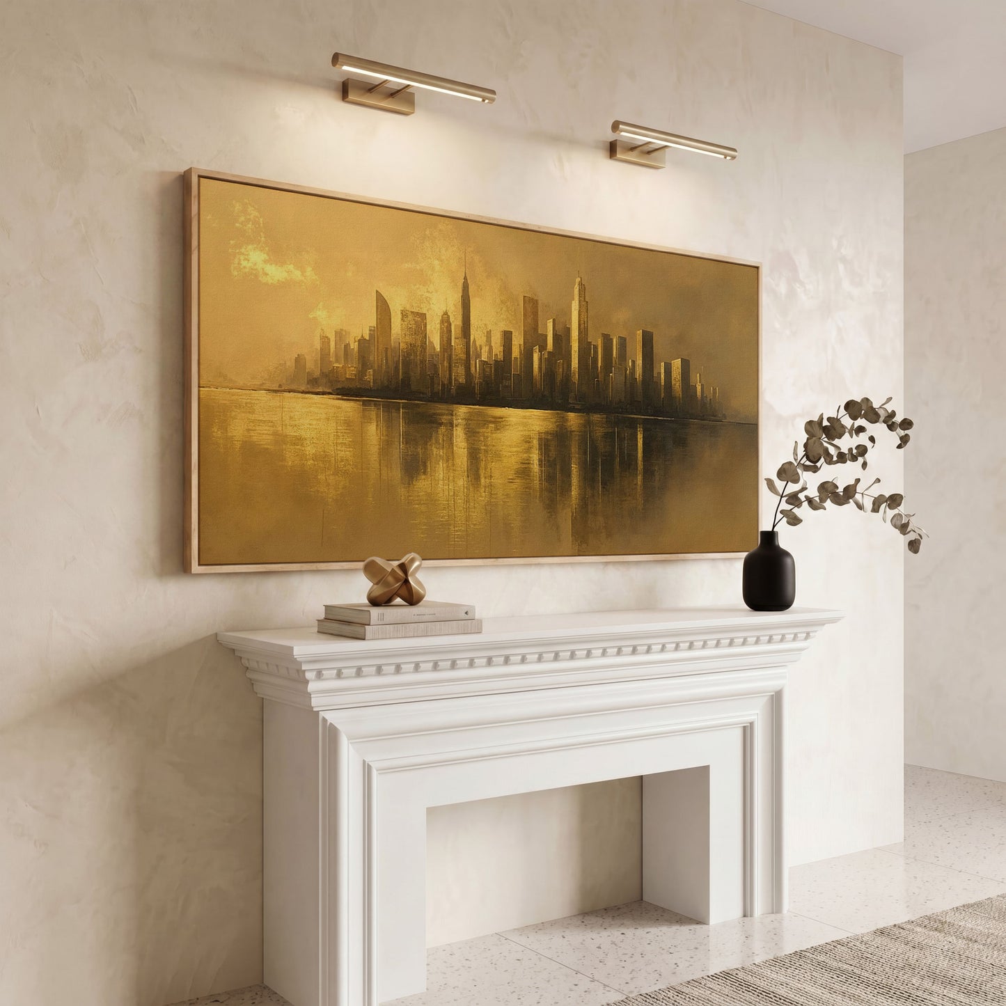 Gold Cityscape Skyline Canvas in white oak floating frame