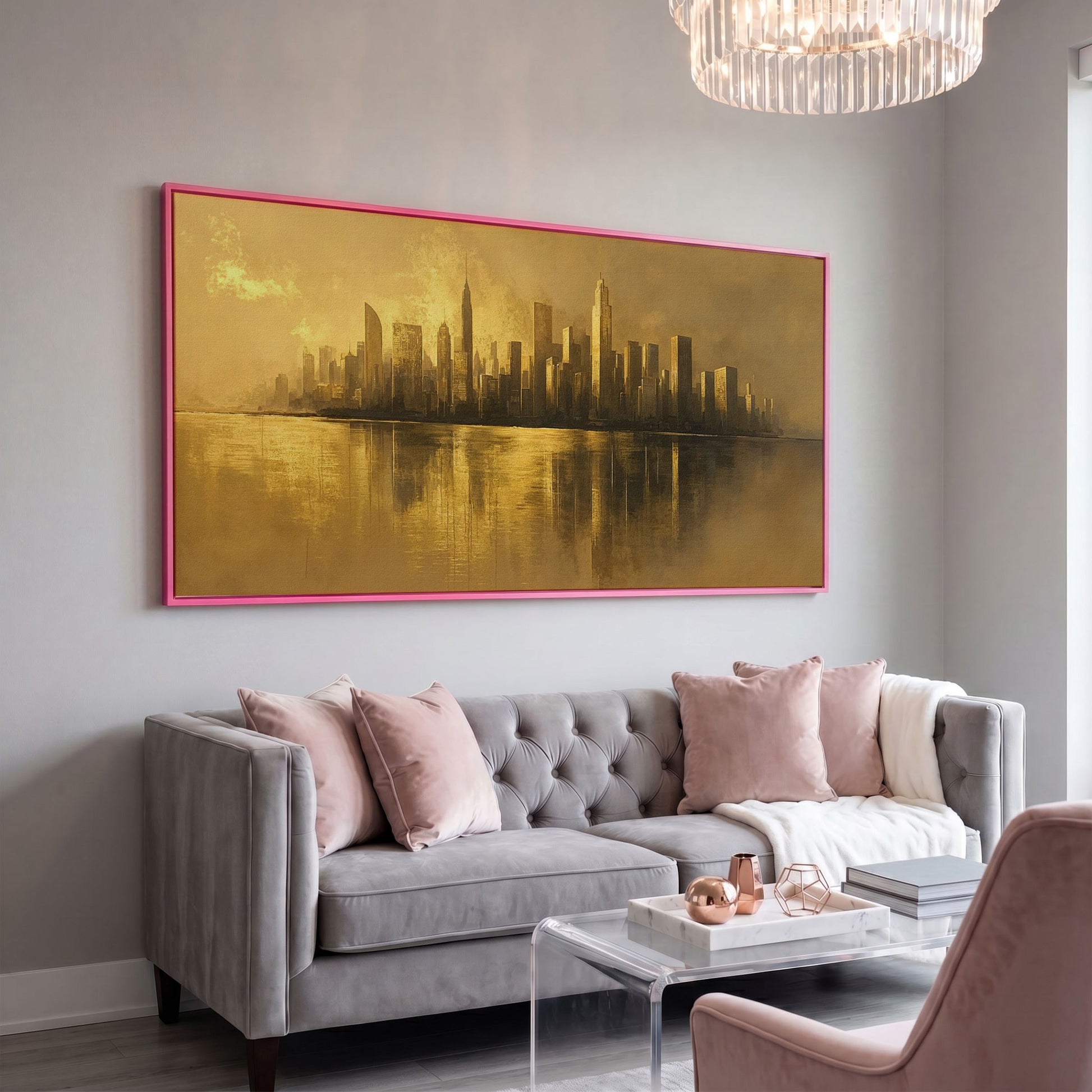 Gold Cityscape Skyline Canvas in pink floating frame