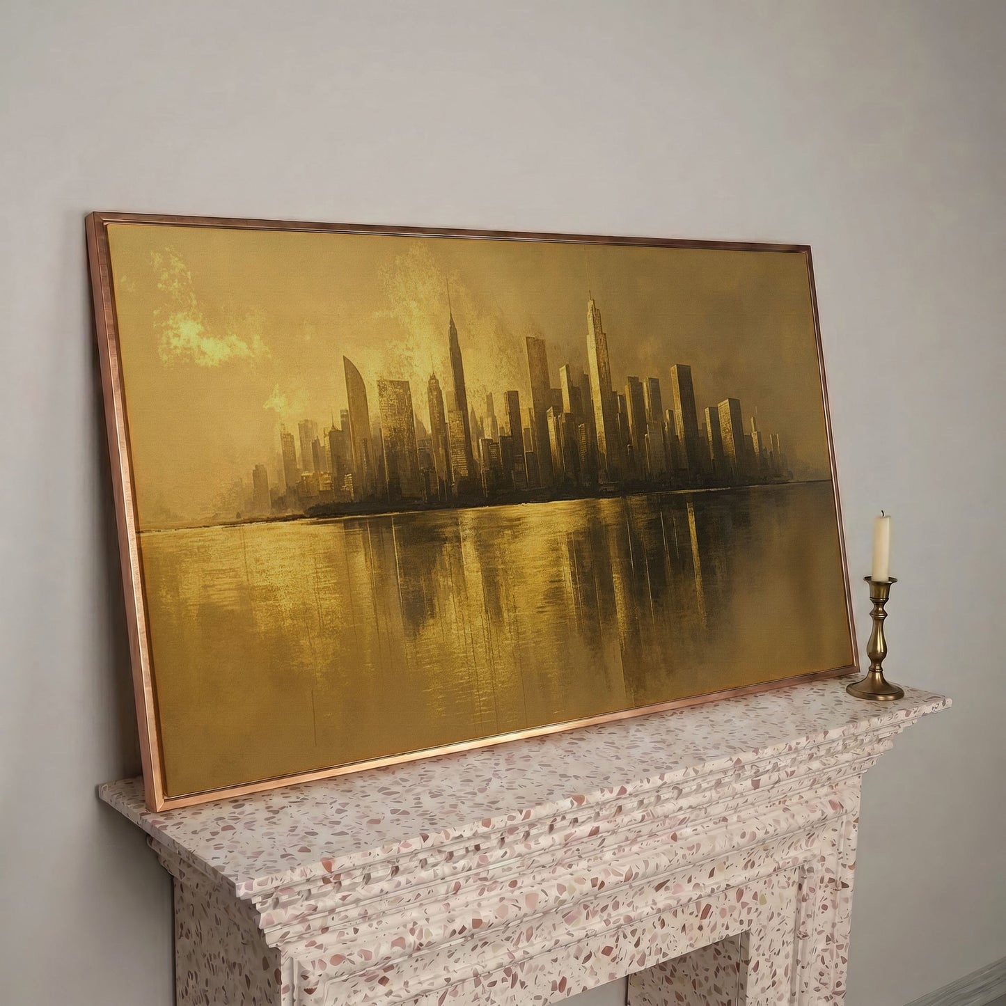 Gold Cityscape Skyline Canvas in rose gold floating frame