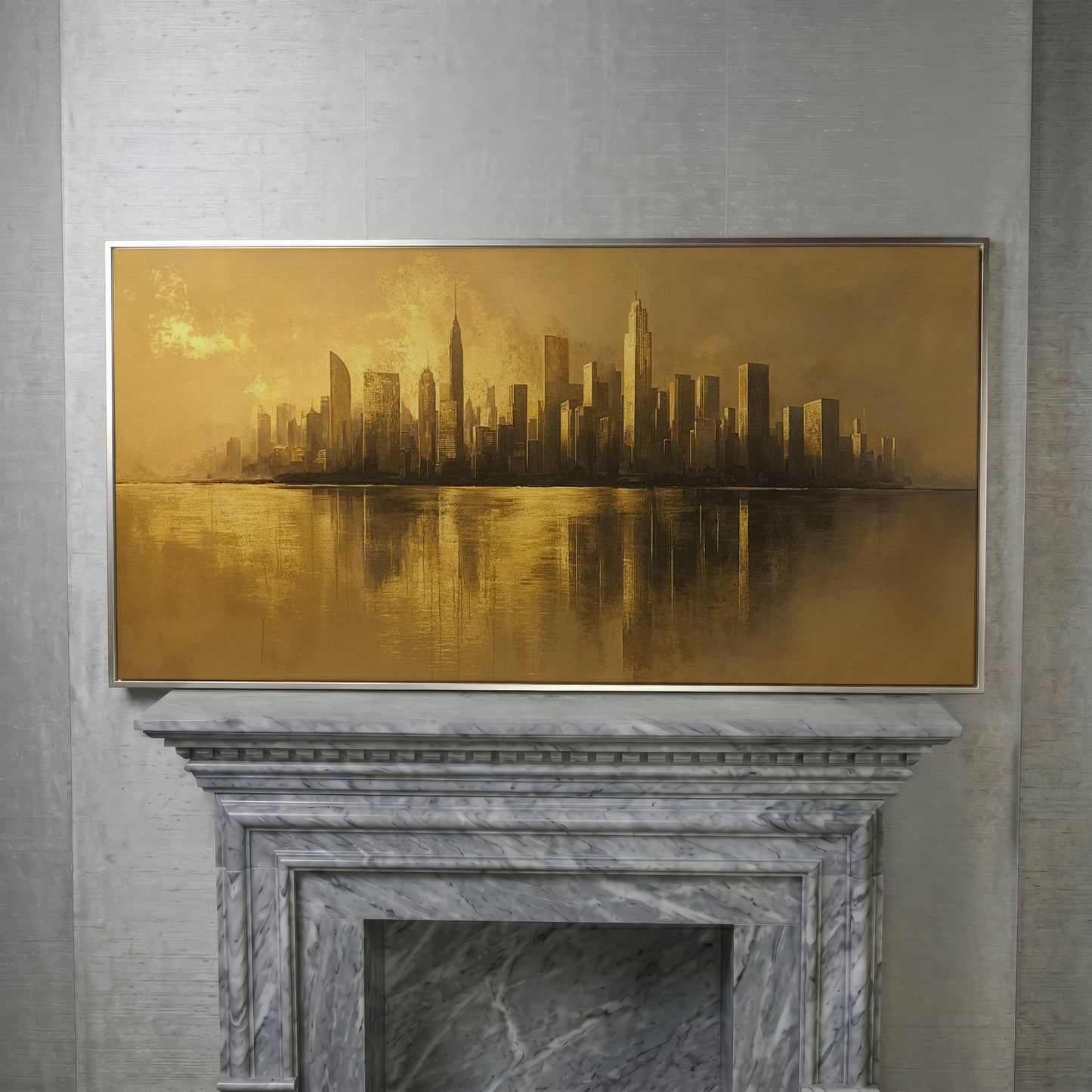 Gold Cityscape Skyline Canvas in silver floating frame