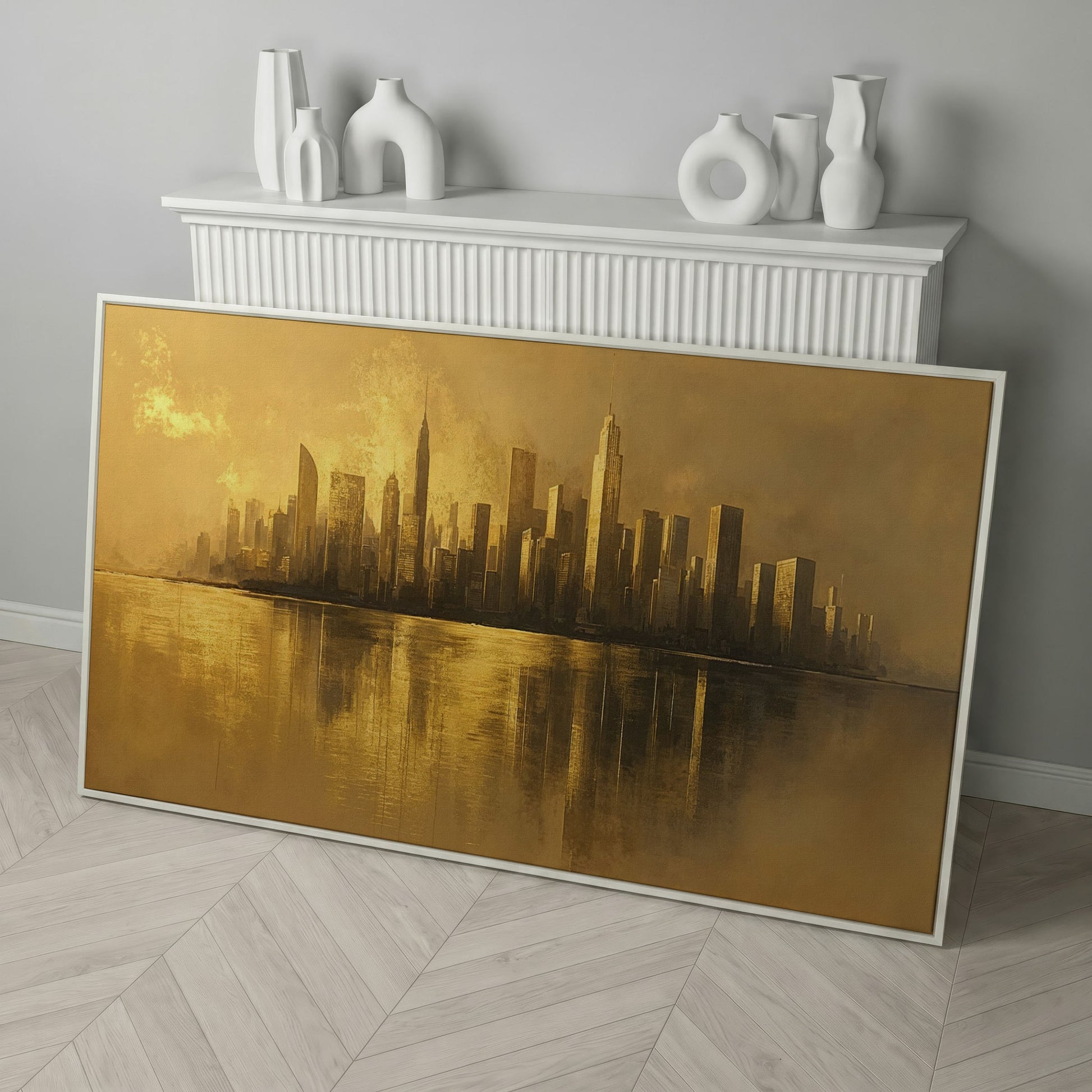 Gold Cityscape Skyline Canvas in white floating frame