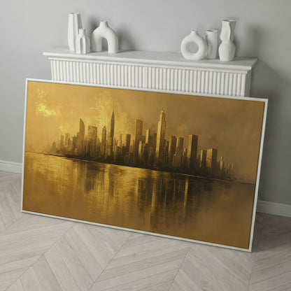 Gold Cityscape Skyline Canvas in white floating frame