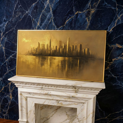 Gold Cityscape Skyline Canvas in yellow gold floating frame