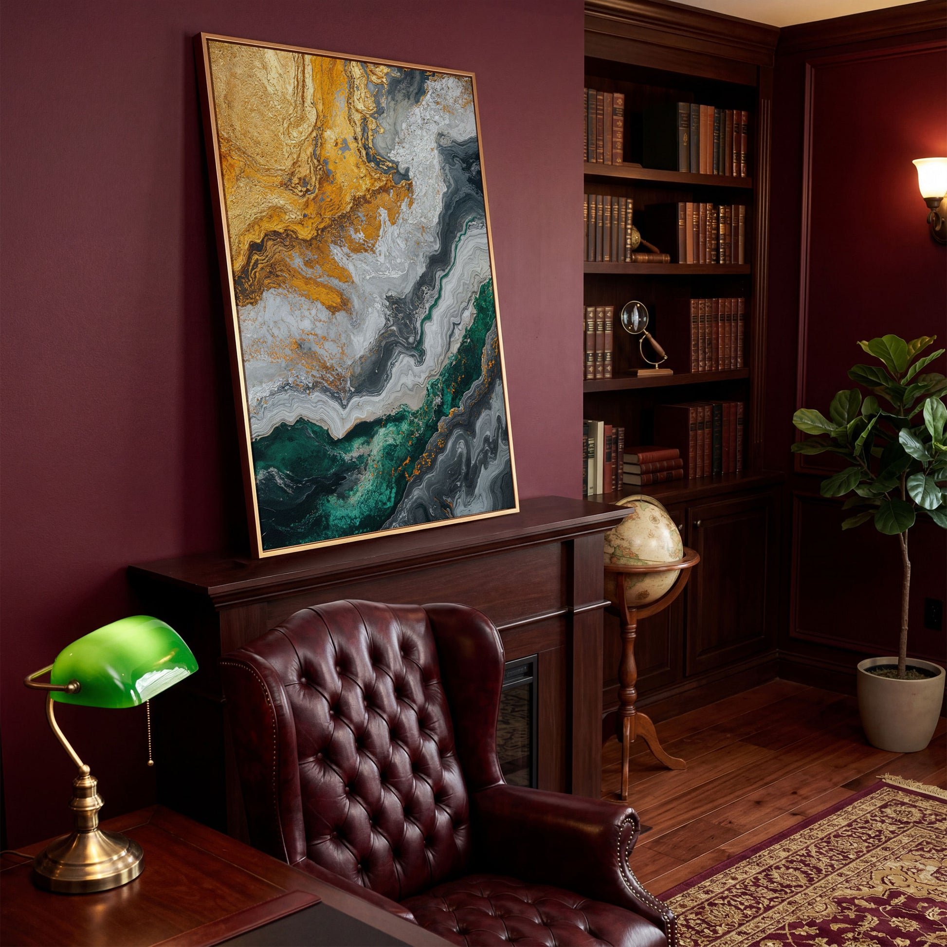 Emerald and Gold Swirls Canvas Print in antique gold floating frame
