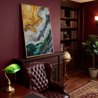Emerald and Gold Swirls Canvas Print in antique gold floating frame