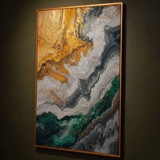Emerald and Gold Swirls Canvas Print shown in antique gold floating frame