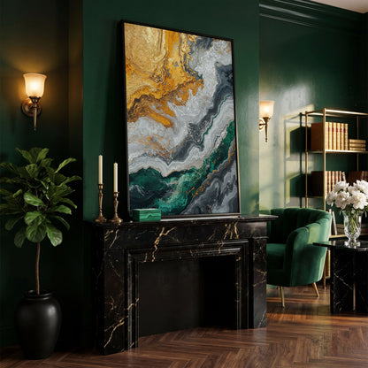 Emerald and Gold Swirls Canvas Print in black floating frame
