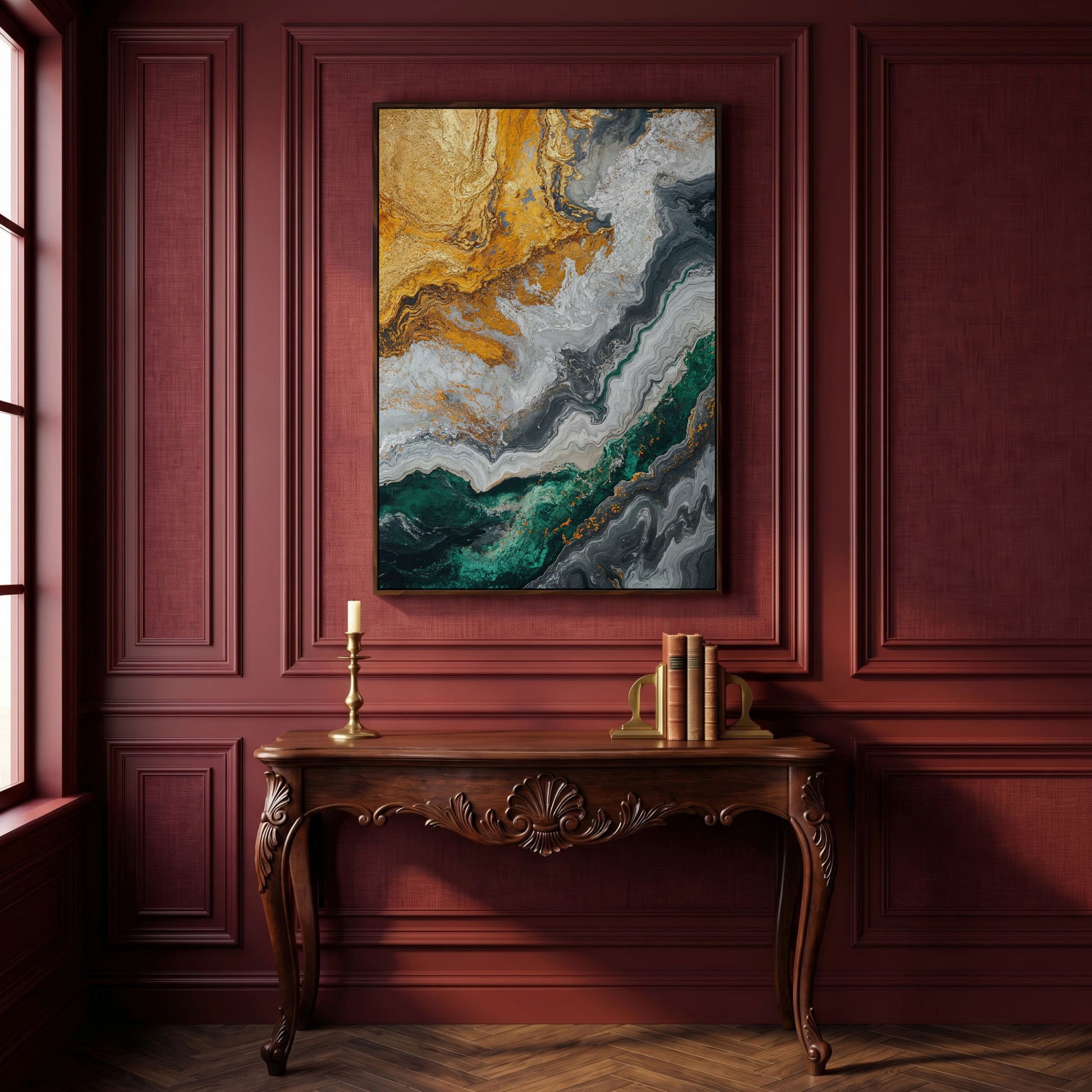 Emerald and Gold Swirls Canvas Print in dark walnut floating frame