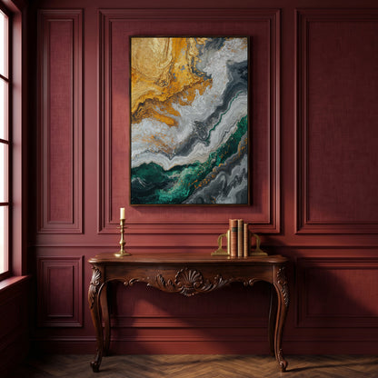 Emerald and Gold Swirls Canvas Print in dark walnut floating frame