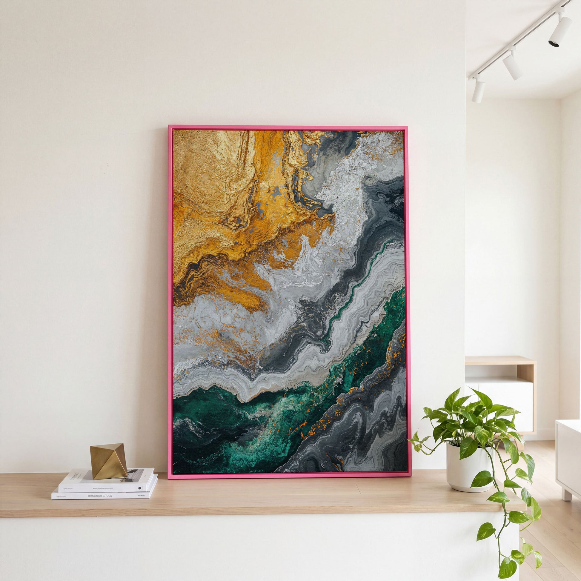 Emerald and Gold Swirls Canvas Print in pink floating frame