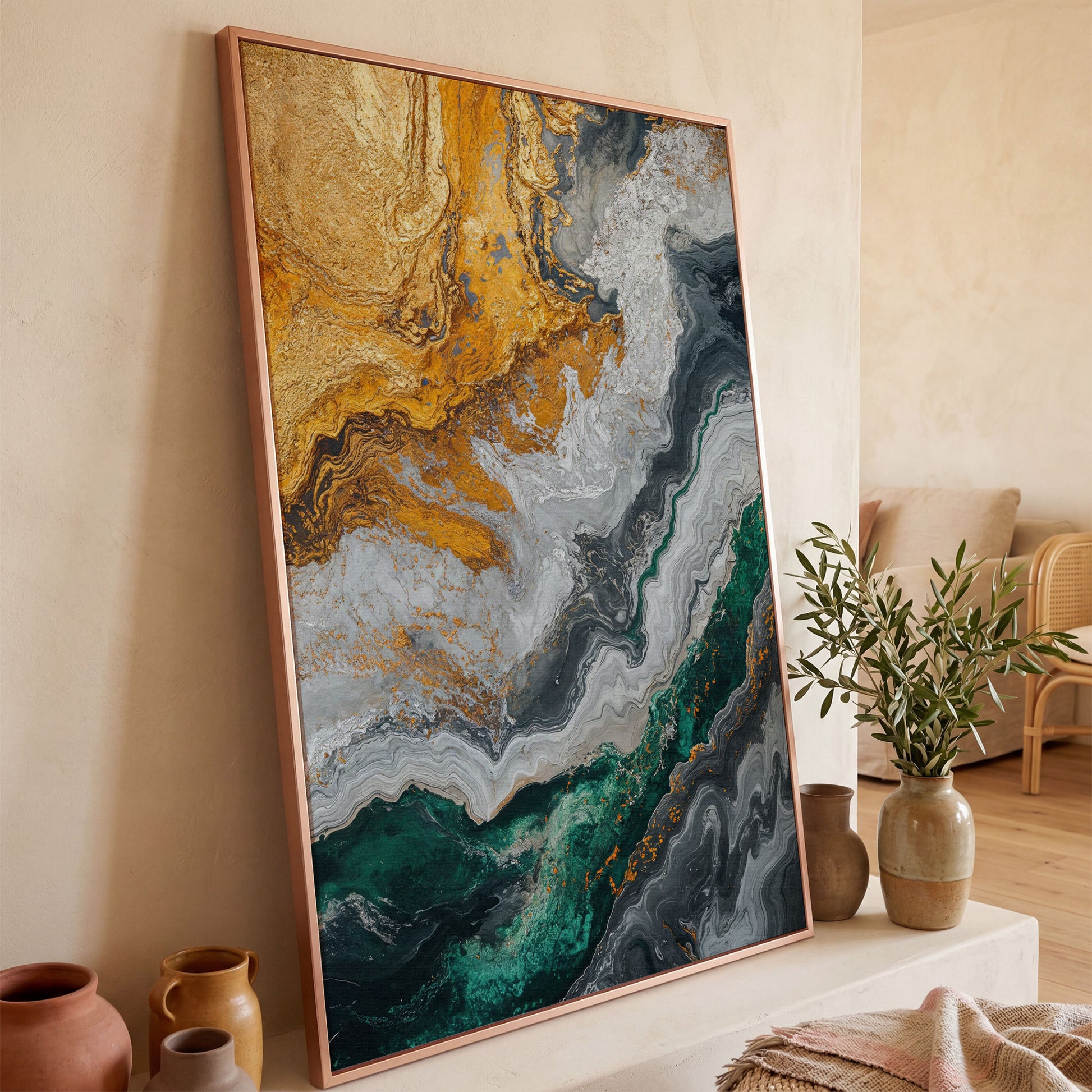 Emerald and Gold Swirls Canvas Print in rose gold floating frame