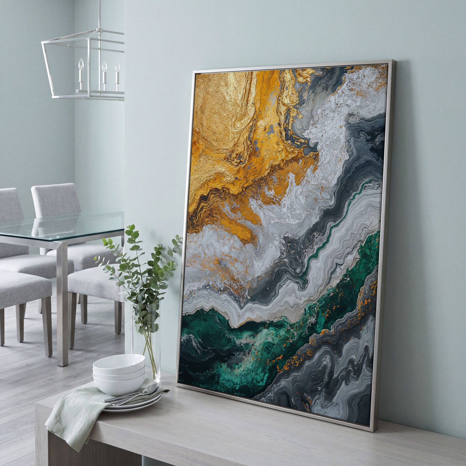 Emerald and Gold Swirls Canvas Print in silver floating frame