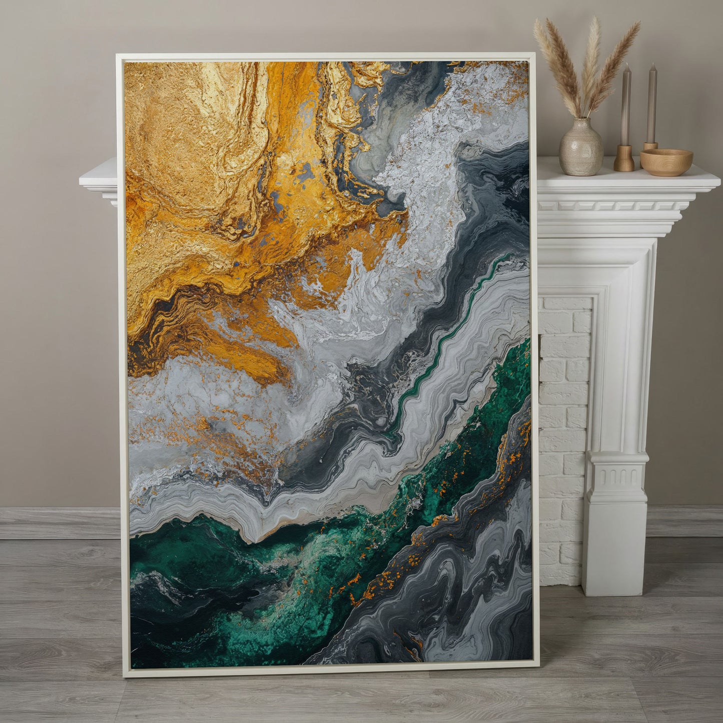 Emerald and Gold Swirls Canvas Print in white floating frame