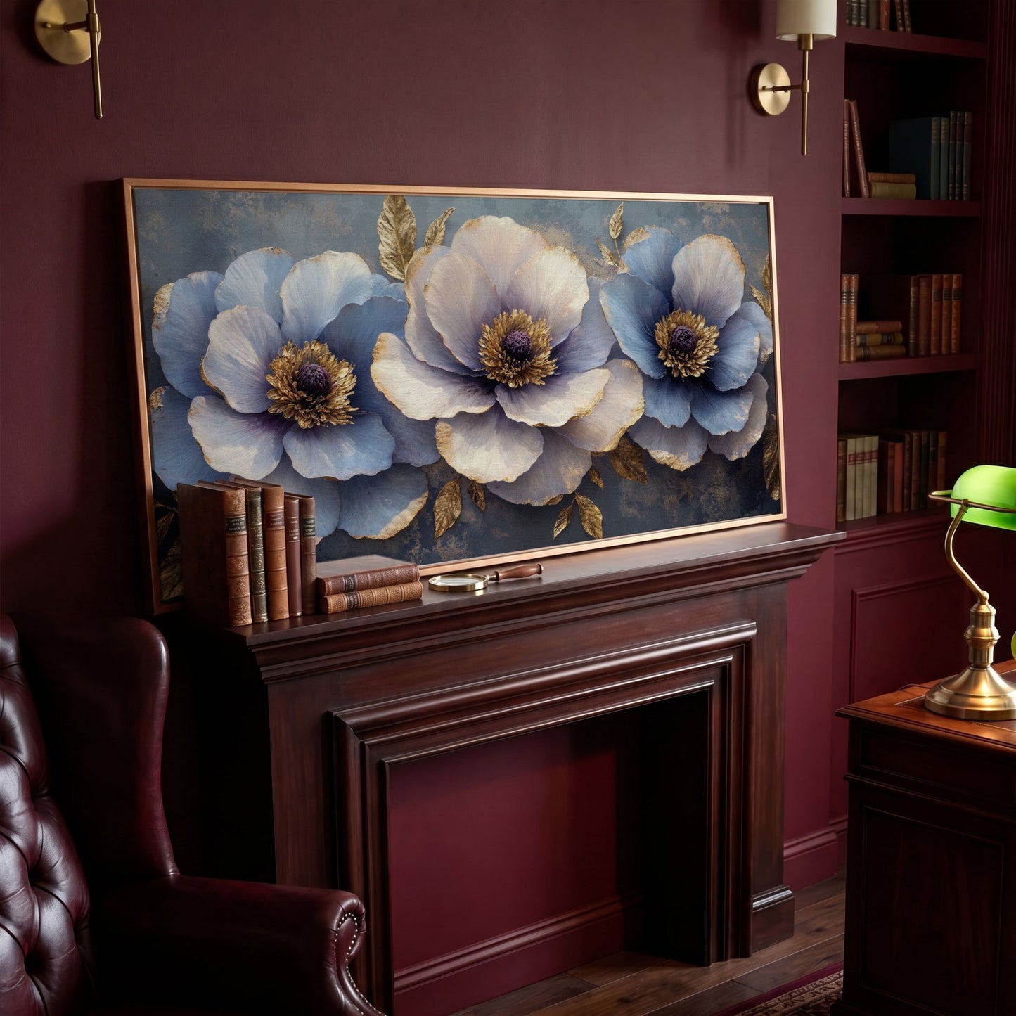 Blue and Purple Lush Flowers Canvas in antique gold floating frame
