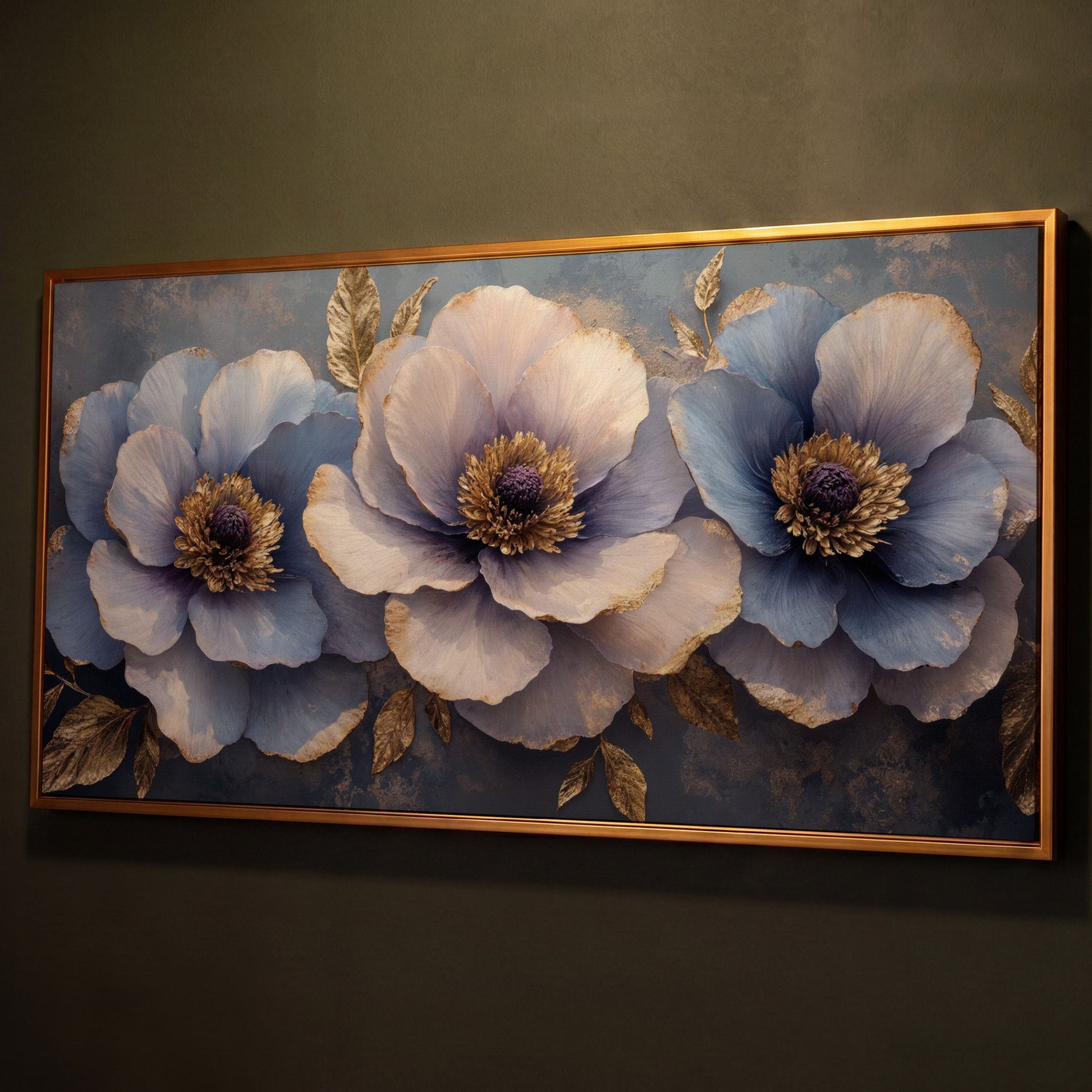 Blue and Purple Lush Flowers Canvas shown in antique gold floating frame