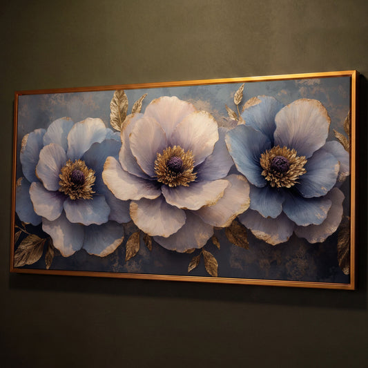 Blue and Purple Lush Flowers Canvas shown in antique gold floating frame